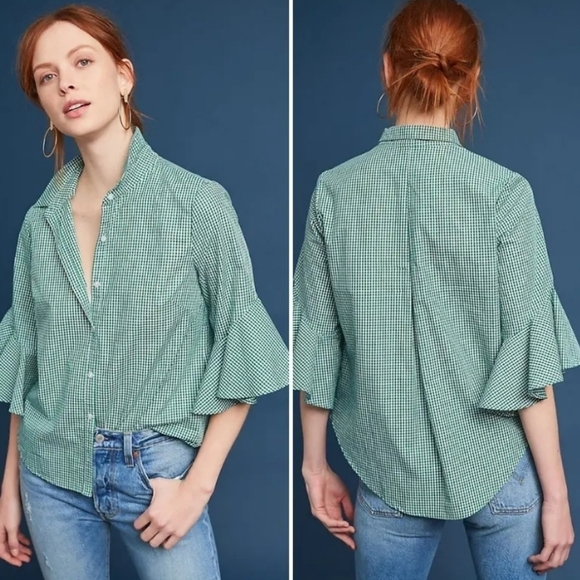 Anthro Sunday in Brooklyn Ponderosa Green Gingham Flutter Sleeve Blouse M - Picture 1 of 11